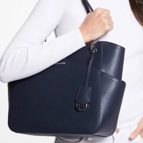 Michael Kors Jet Set Travel Large Saffiano Leather Chain Shoulder Tote Dark Navy - Picture 2 of 11